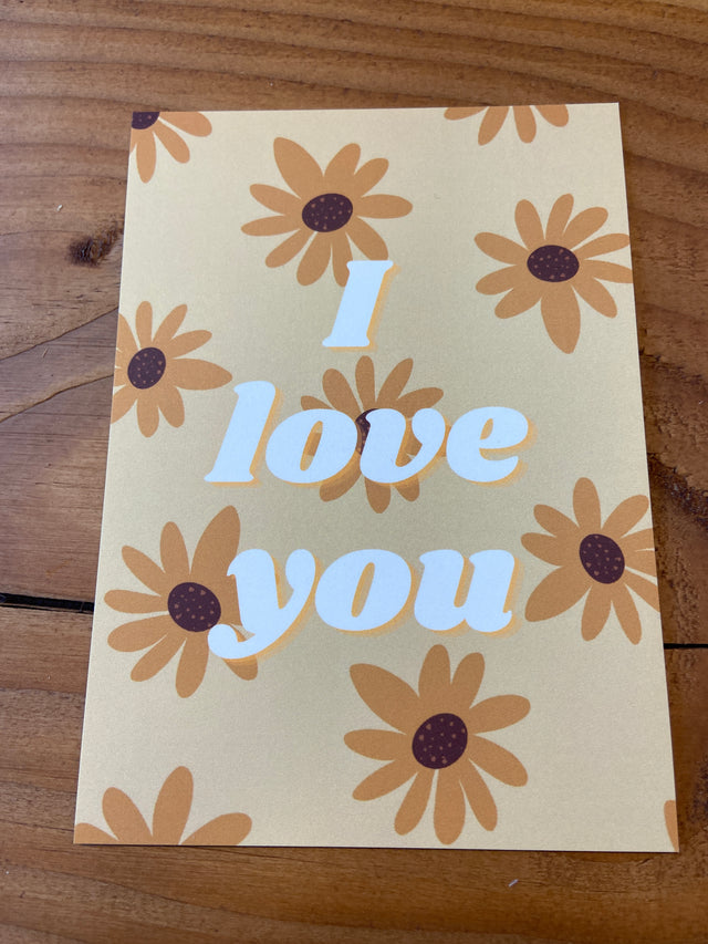 Kaartje met gele bloemen om de scheurkalender als verlovingscadeau te geven. Laat een persoonlijke boodschap in het kaartje schrijven. 